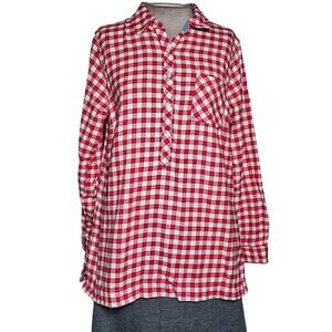 Lands End Red Plaid Long Sleeve Cotton Flannel Top Size 10 Medium